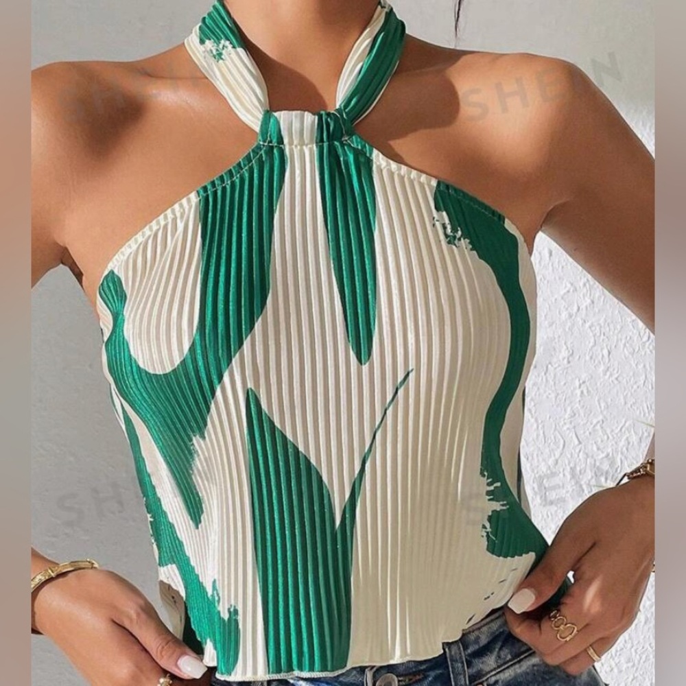 Green & White Halter Neck Crop Top